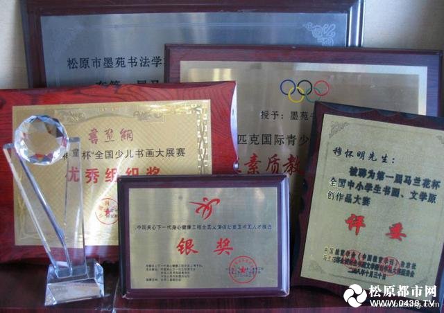 墨苑书法工作室历年书法教学荣获的各项奖牌，奖杯